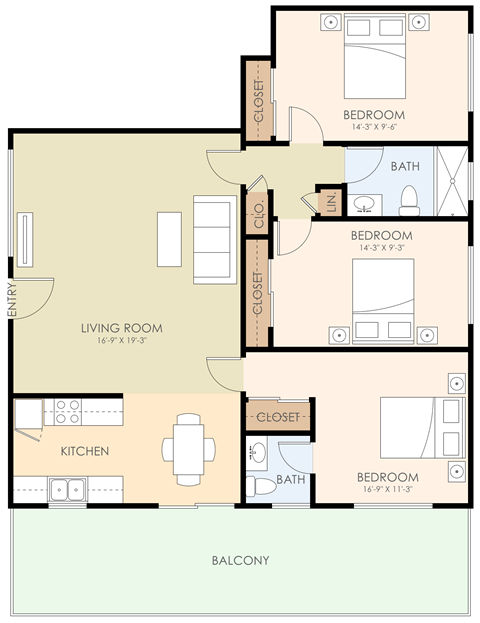Floor plan for 3 beds, 1.5 baths, 1053 sqft